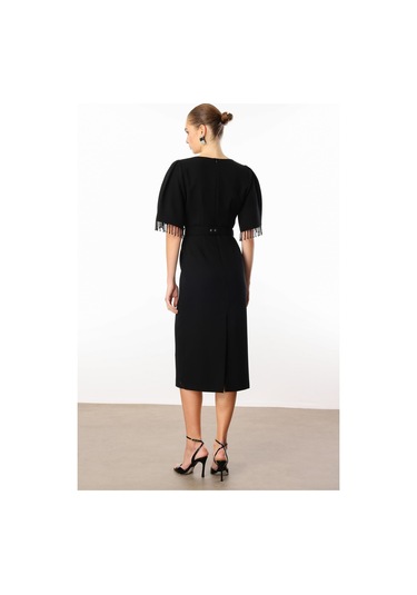 Moda İlgi Kadın Kolları Şerit Boncuk Aksesuarlı Elbise 0001 Siyah Siyah