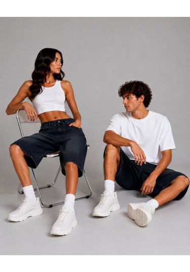 St.poll Eskitme Yıkama Unisex Baggy Denim Şort Eskitme Lacivert