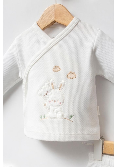 Bebitof %100 Pamuk Sevimli Tavşan Desenli 5 Parça Yenidoğan Hastane Çıkışı Zıbın Seti Bbtf.ekr.20129 Ekru