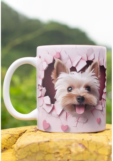 3d Görünümlü Sevimli Köpek Hediyelik No:16 3d Tasarım Baskılı Kupa Bardak Mug Pembe