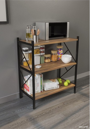 Morpanya Arose Metal Tekli Mutfak Rafı Malzeme Dolabı 3 Raflı Mikrodalga Fırın Rafı Çok Amaçlı Ceviz