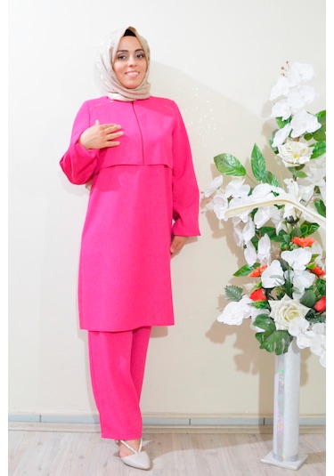 Deryam Tekstil Kadın Sofya Keten Tunik Pantolon Takımı Pembe 40 Beden Pembe