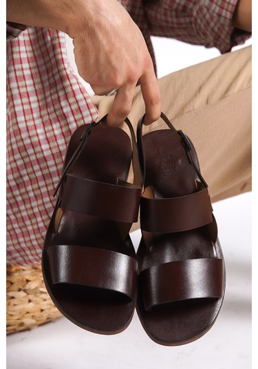 Sur Sandalet El Yapımı Kösele Erkek Deri Bodrum Sandalet Kahverengi