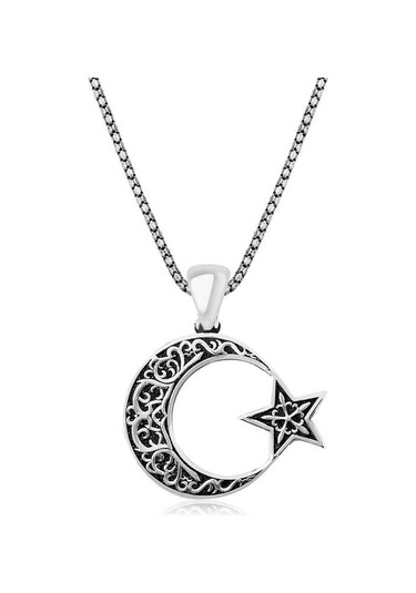 925 Ayar Gümüş Desenli Ay Yıldız Erkek Gümüş Kolye