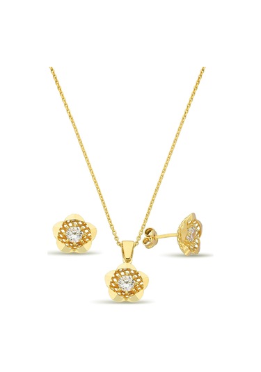 18k Altın Kaplamalı 925 Ayar Gümüş Çiçek Set - 67018602 Altın