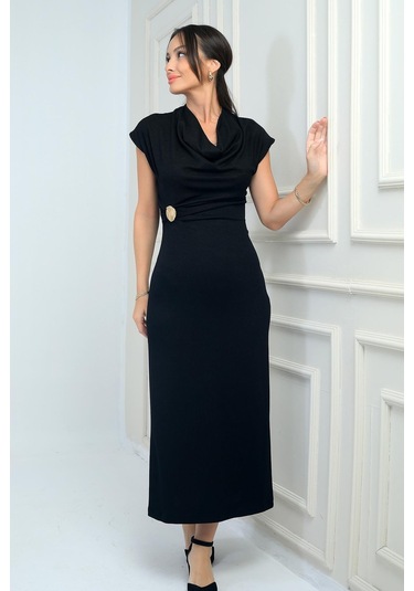 Kadın Degaje Yakalı Toka Detaylı Likralı Uzun Elbise-41755 Siyah