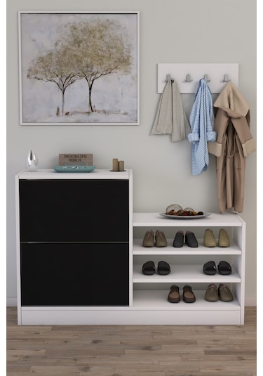 Anatolia 2 Kapak Kayar Raflı Ayakkabılık Siyah Beyaz