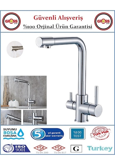 Uzay Su Arıtmalı Mutfak Evye Bataryası - 3 Yollu - Sıcak, Soğuk, Arıtma Çıkışlı Krom