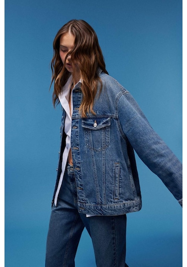 DeFacto Oversize Geniş Kalıp Jean Ceket D8664AX25SPNM28 Mavi