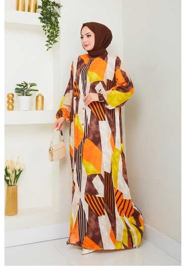 Milaz Boydan Düğmeli Dokuma Viskon Elbise 1501 - Turuncu Turuncu