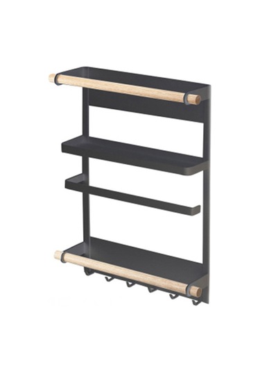 Cbtx Demir + Ahşap Manyetik Buzdolabı Depolama Rafı Mutfak Aletleri Asılı Depolama Rafı - Siyah