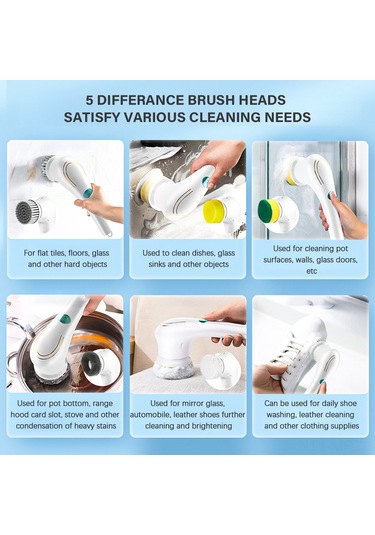 Mufunye 5 Fırça Başlıklı Şarjlı Çok Amaçlı Elektrikli Temizleme Cihazı - Yer, Banyo, Mutfak, Fayans Ve Küvet İçin Beyaz