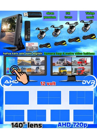 Mibzer İçin Dokunmatik 10.36 İnç Monitör Ve 4 Adet Ahd 720p Beyaz Ledli Kamera Seti 12 V