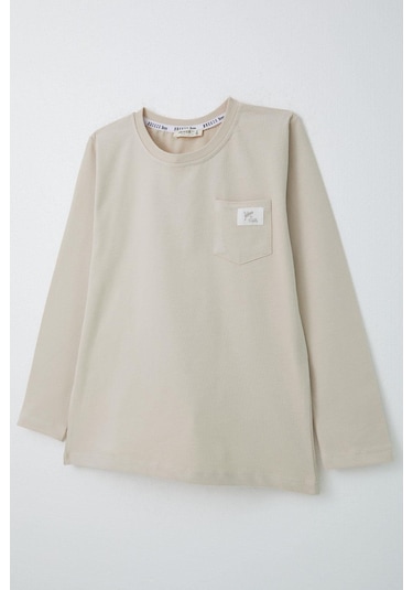 Breeze Erkek Çocuk Uzun Kollu Tişört Cool Yazı Armalı Cepli 4-8 Yaş, Bej Bej