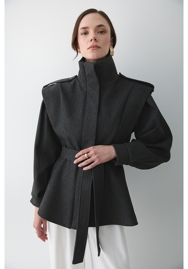 Antrasit Apoletli Vatkalı Kaşe Kaban - 1005 Antrasit