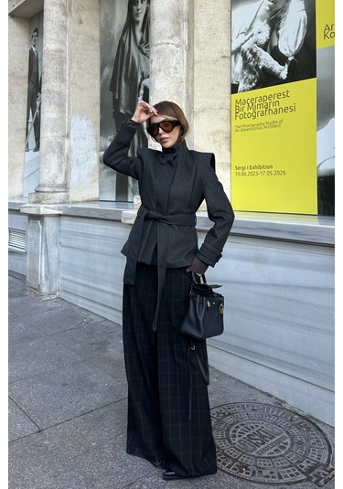 Antrasit Vatkalı Kuşaklı Kaşe Ceket - 1001 Antrasit