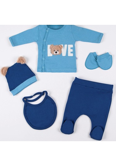 3 Ay Bebek Hastane Çıkışı Love Bear Nakışlı 5'li Erkek Mavi Mavi