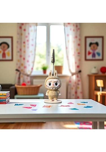 Dekoratif Sevimli Labubu Notluk - Kağıt Tutacağı - Fotoğraf Tutacak Bej