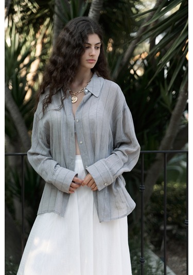 Calynn Sırt Dekolteli Çizgili Vizon Keten Gömlek VİZON