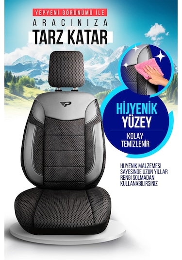 Siyah - Gri Garni Panda Dragon Serisi Dokuma Kumaş Oto Koltuk Kılıfı - Tam Set