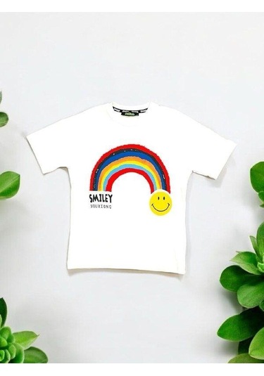 Erkek Çocuk Gülen Yüz Baskılı Tshirt-14166 Beyaz
