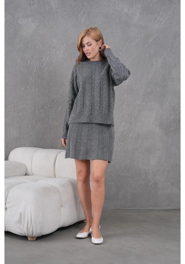 Kadın Bisiklet Yaka Saç Örgü Kazak Etek İkili Triko Takım Antrasit