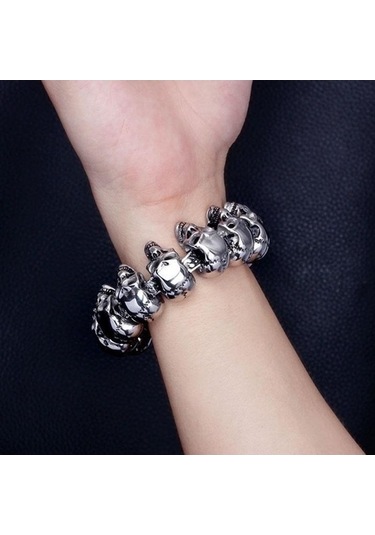 Novahub Gotik Kafatası Vintage Erkek Bileklik - Siyah Punk Paslanmaz Çelik Bilezik - Gümüş Renk Gümüş