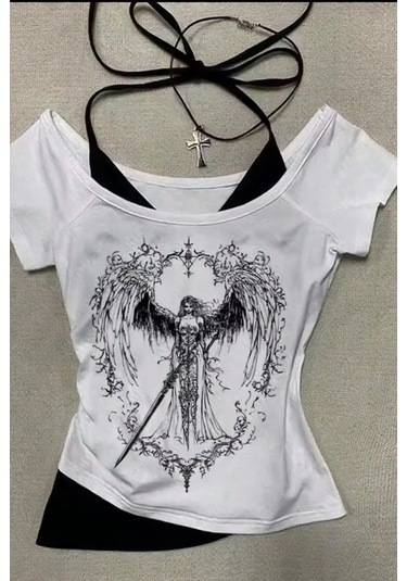 Beyaz Sword Warriror Angel Madonna Yaka Ek Askılı Y2k Kısa Kollu Full Body Crop-18201 Beyaz