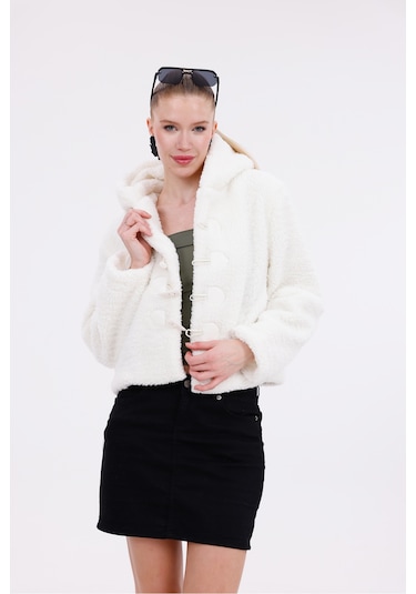 Kapüşonlu Düğmeli Peluş Mont - Kadın Beyaz