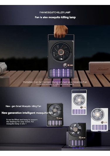 Symbee Siyah Usb 2-in-1 Mosquito Killer Fan: Duvar/desktop Montajlı, 5 Hızlı Fan, Led Ekranlı, 2000v Moskito Öldürücü Işık
