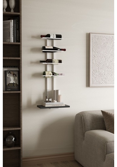 Aju Şaraplık Ve Kadeh Rafı Duvara Monte Şarap Mahzeni Modern Duvar Alkol Rafı Metal Ve Ahşap Tasarım Beyaz