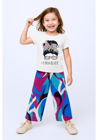 Kız Çocuk Yazlık İkili Takım Baskılı Renk Baloklu B2 Mavi