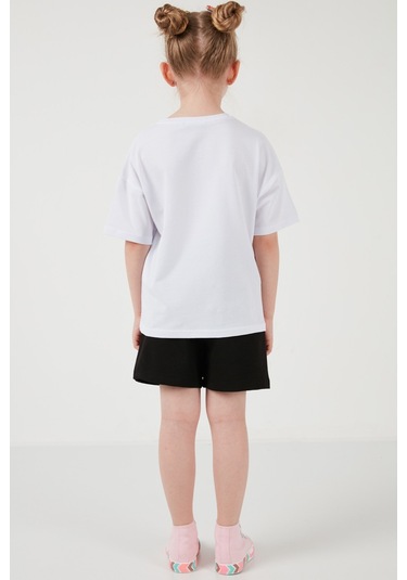 Lela Pamuklu Baskılı Bisiklet Yaka Şortlu Alt-Üst Kız Çocuk Takım 6212004 Beyaz