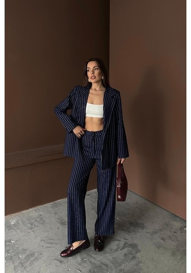 Lacivert Çizgili Ceket Ve Pantolon Takım Lacivert