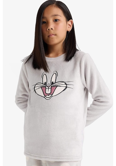 Defacto Kız Çocuk Looney Tunes Pijama Takımı Nakışlı Pelüş Uzun Kollu Üst Uzun Alt D1069a825wngr294 Gri
