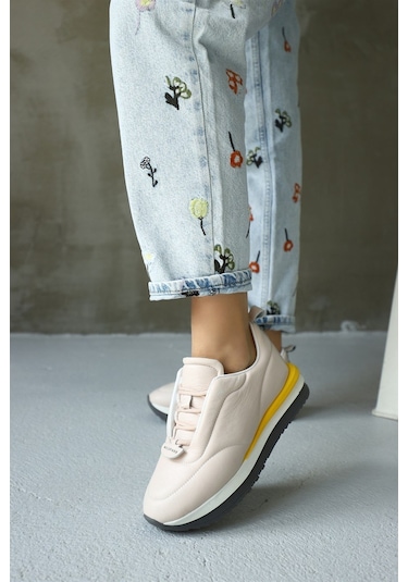 Balla Pudra Hakiki Deri Kadın Sneaker-Pudra