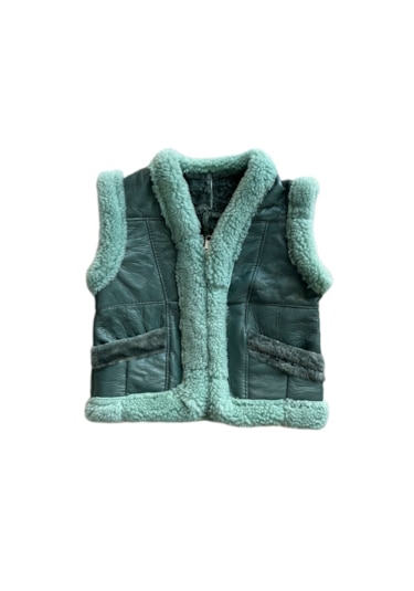 Patchwork İçi Kürk-dışı Süet Gerçek Deri Çocuk Yelek Turkuaz