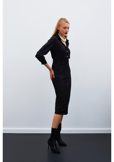 Sateen Midi Boy Tüvit Etek - Siyah-135026 Siyah
