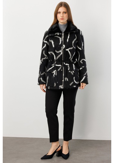 Ekol Kadın Büyük Beden Kapak Cepli Desenli Kaban 6301 Siyah Siyah