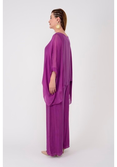 İtalyan Yarasa Kol İpek Bluz & Pantolon Takım-8767 Leylak Çok Renkli