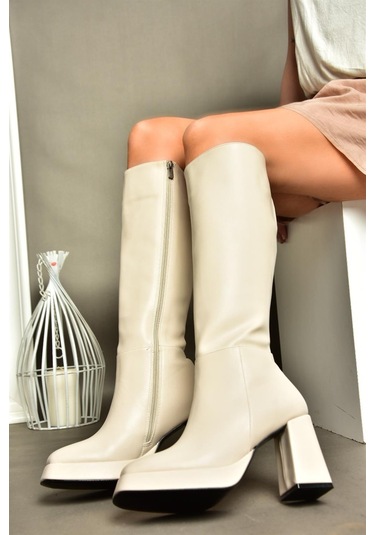 Fox Shoes R282230109 Bej Platform Kalın Topuklu Kadın Çizme Bej