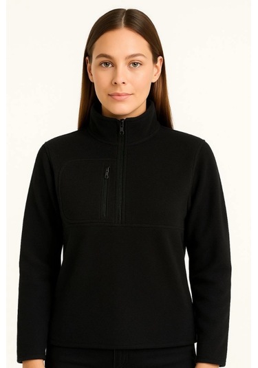 Polar Kazak Dik Yaka, Yarım Fermuarlı, Fermuarlı Göğüs Cepli, Siyah Biyeli, Kışlık Rahat Regular Fit Günlük Model - Siyah Siyah