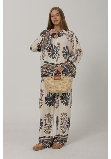 Desenli Kolları Volanlı Pantolon Takım - Antrasit Antrasit