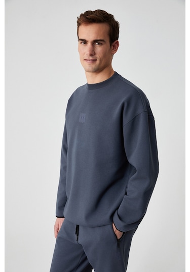 PLEMON Erkek Bisiklet Yaka Uzun Kol Baskı Detaylı Oversize Gri Sweatshirt