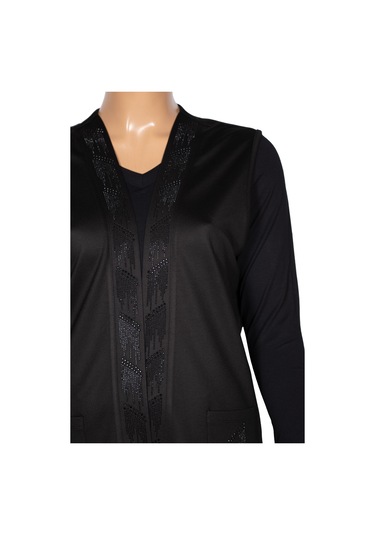 Hesna Kadın Alçin Büyük Beden 2 İp Kristal Taşlı Cepli Siyah Yelek Siyah