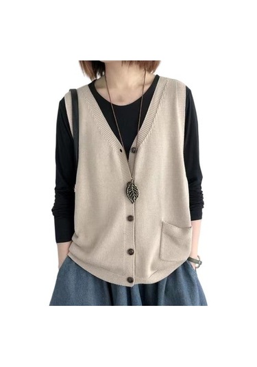 Kayısı Kadın Örgü Yelek V Yaka Kolsuz Tek Sıralı Sıcak Yelek Düz Renk Bol Kesim Kayısı