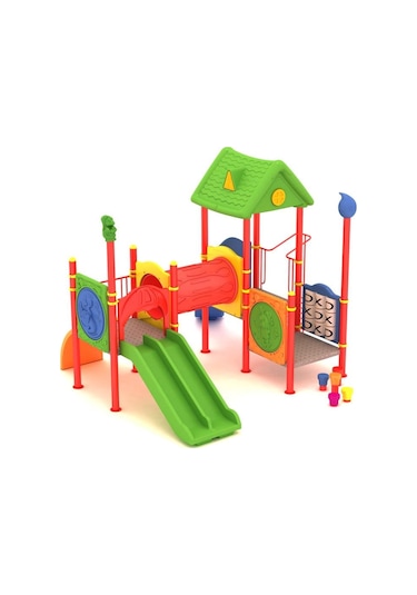 Çocuk Oyun Grubu, 6x5m İki Kaydıraklı Ev Çatılı -70 Çok Renkli