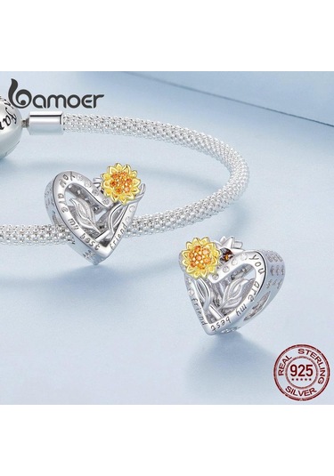 Bamoer 925 Ayar Gümüş Ayçiçeği Charms Boncuk Kadınlar İçin Orijinal Gümüş Bilezik Güzel Takı Gümüş