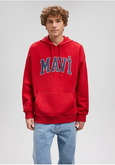 Erkek Mavi Logo Baskılı Kapüşonlu Sweatshirt-kırmızı Kırmızı