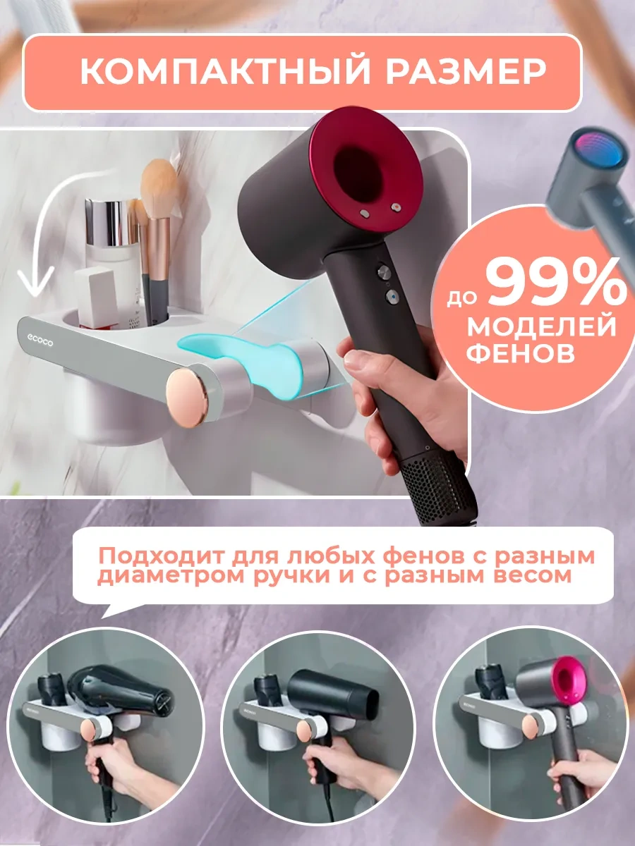 Ecoco Duvara Monte Saç Kurutma Makinesi Askısı, Delme Gerektirmez, Bardaklı 296294978 Gri